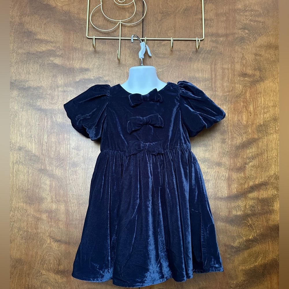 Janie & Jack Short Sleeve Velvet Bow Detail Dress Girls 4 Blue Lined Formal NWT